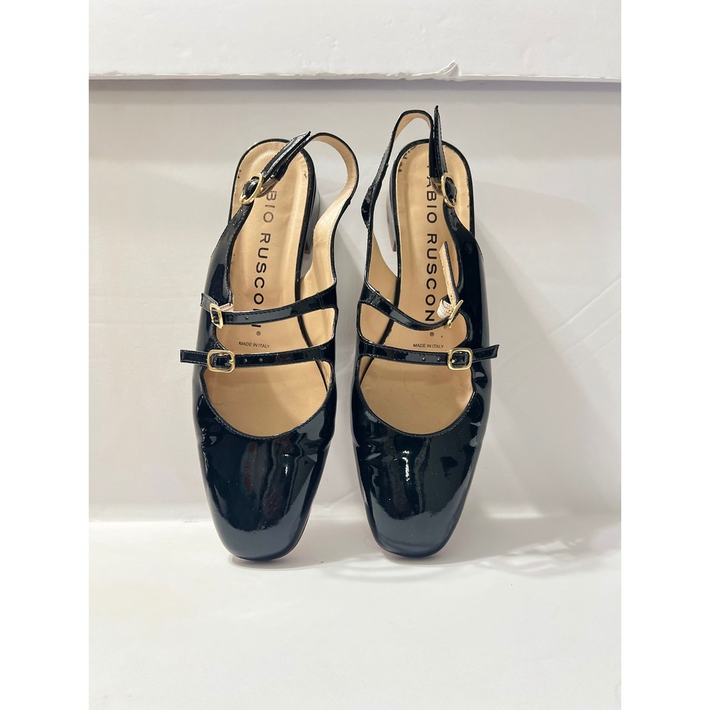 Fabio Rusconi Black Patent Leather Triple Strap Mary Jane Slingback Heels 38